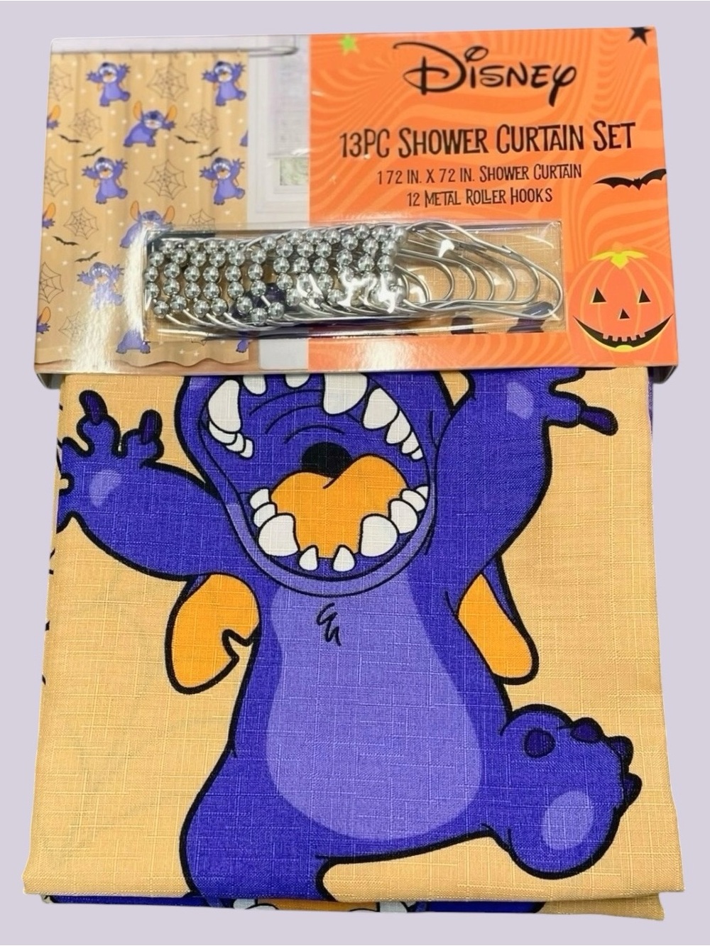Scary Stitch 13-pc Halloween Shower Curtain Set Orange Purple Bats Spider Webs R
